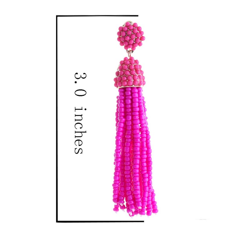 NLCAC Women's Beaded tassel earrings Long Fringe Drop Earrings Dangle Fuchsia - Image 3